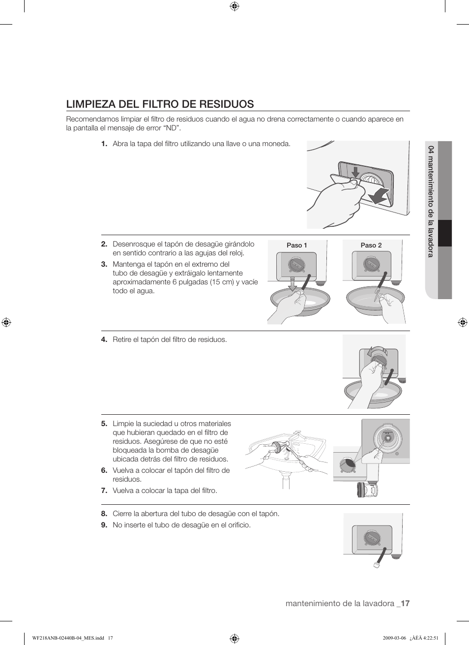 Limpieza del filtro de residuos | Samsung WF218ANW User Manual | Page 45 / 56