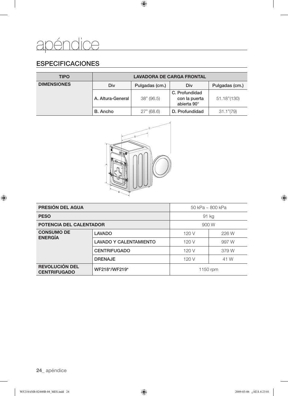 Apéndice, Especificaciones | Samsung WF218ANW User Manual | Page 52 / 56