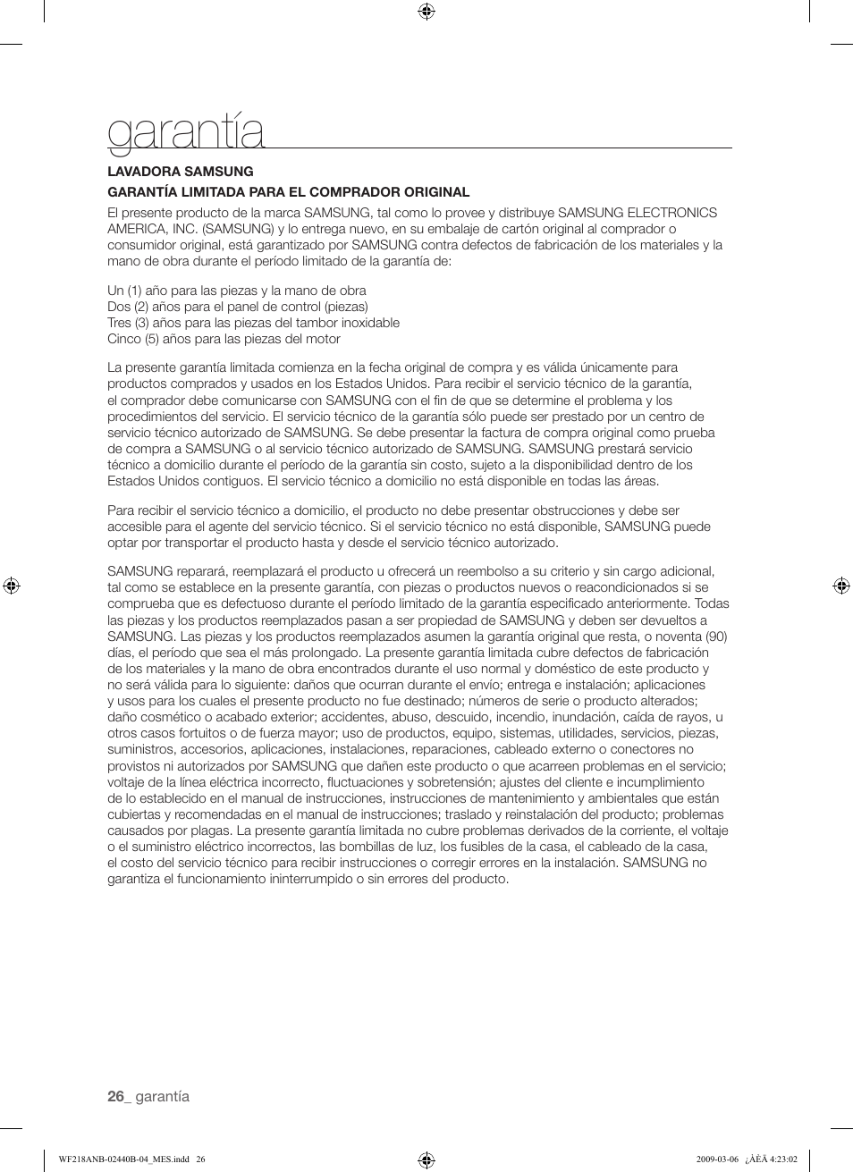 Garantía | Samsung WF218ANW User Manual | Page 54 / 56