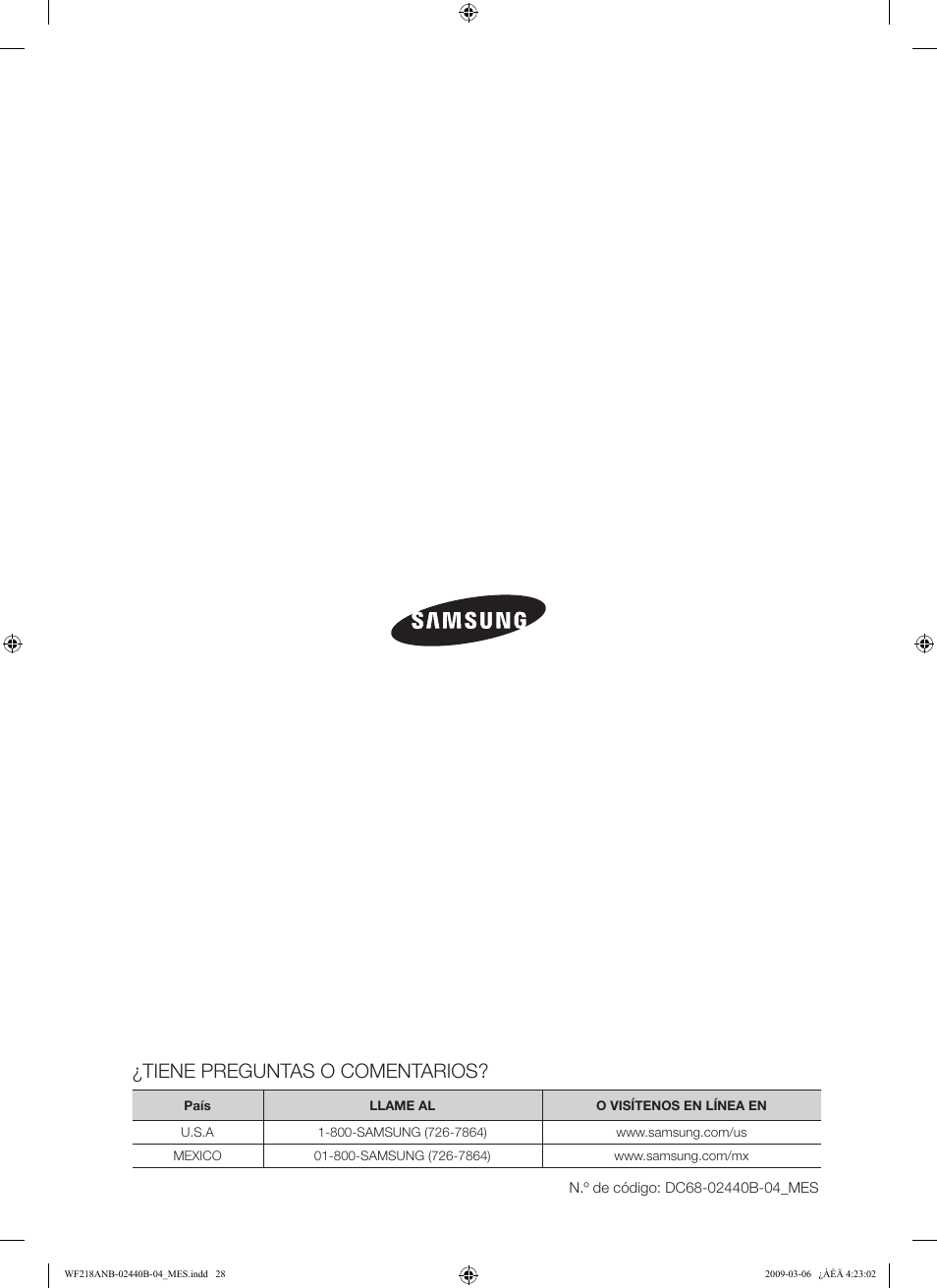 Tiene preguntas o comentarios | Samsung WF218ANW User Manual | Page 56 / 56