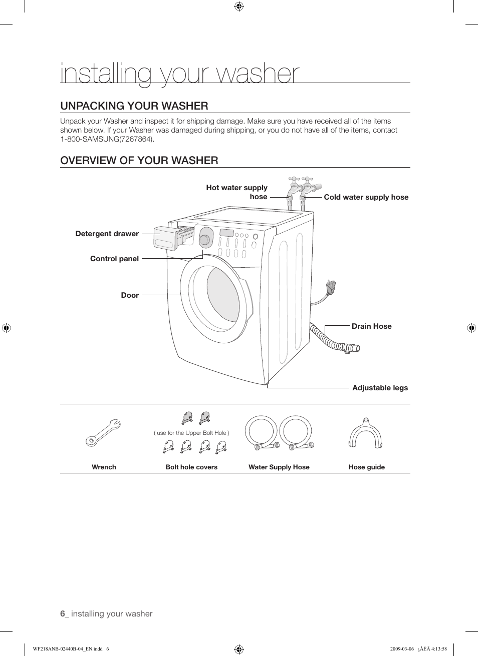 Installing your washer, Unpacking your washer, Overview of your washer | Samsung WF218ANW User Manual | Page 6 / 56