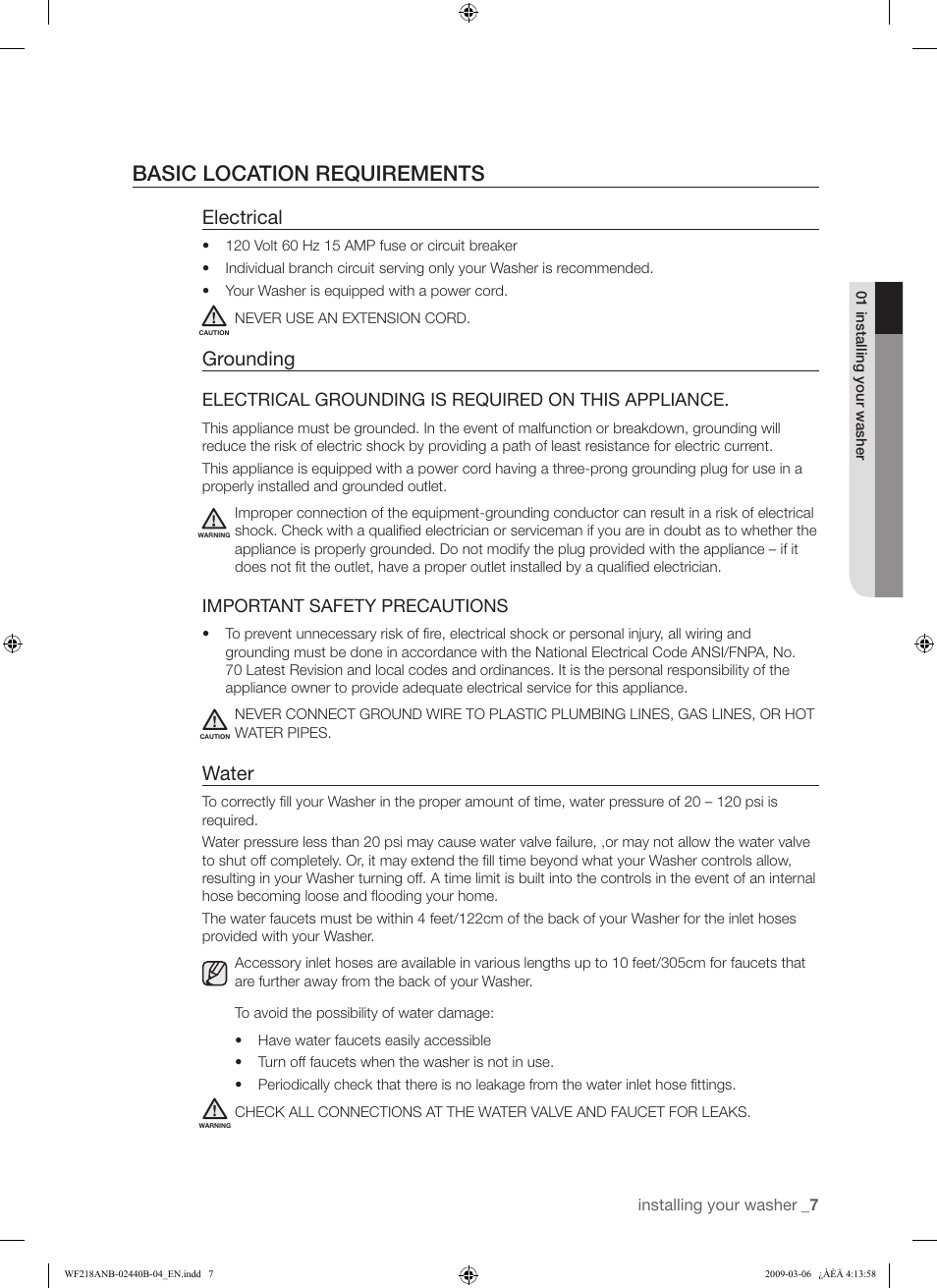 Basic location requirements, Electrical, Grounding | Water, Electrical grounding is required on this appliance, Important safety precautions | Samsung WF218ANW User Manual | Page 7 / 56