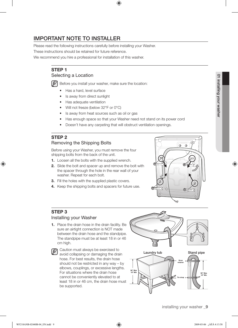 Step 1 selecting a location, Step 2 removing the shipping bolts, Step 3 installing your washer | Samsung WF218ANW User Manual | Page 9 / 56