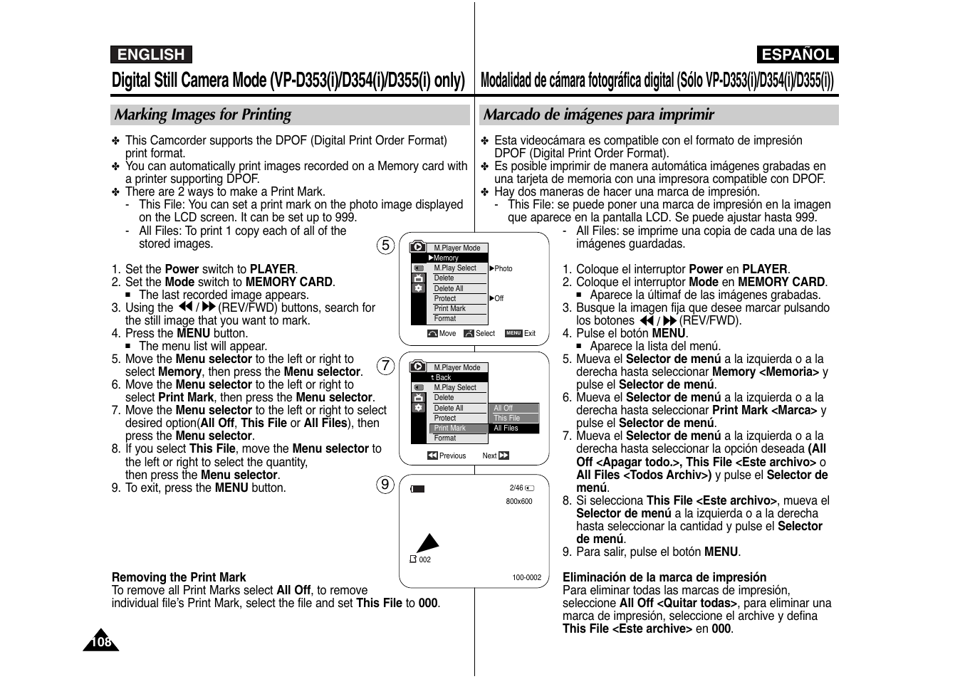English español, Marking images for printing, Marcado de imágenes para imprimir | Samsung AD68-00839J User Manual | Page 109 / 122