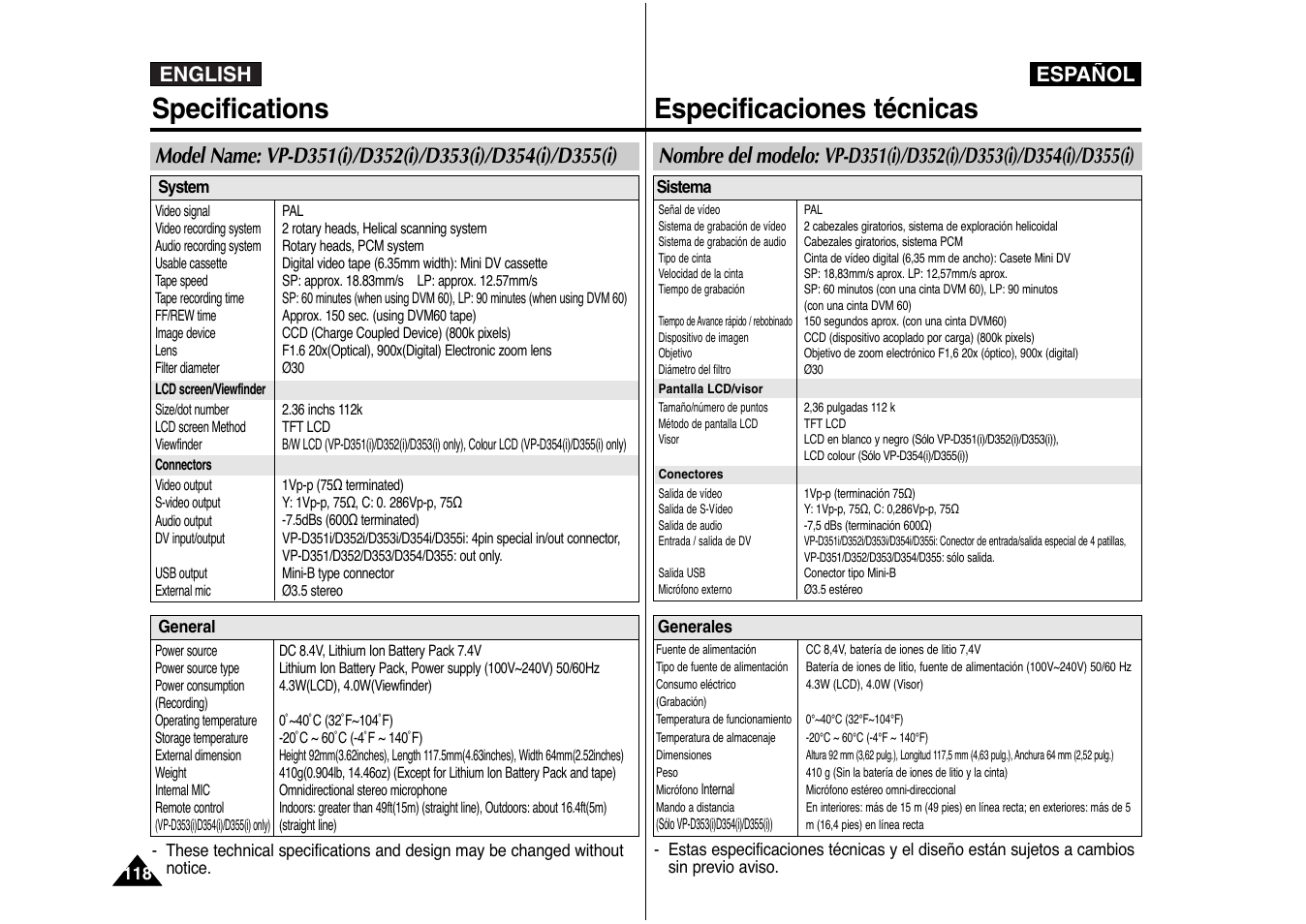 Specifications, Especificaciones técnicas, English español | Español | Samsung AD68-00839J User Manual | Page 119 / 122