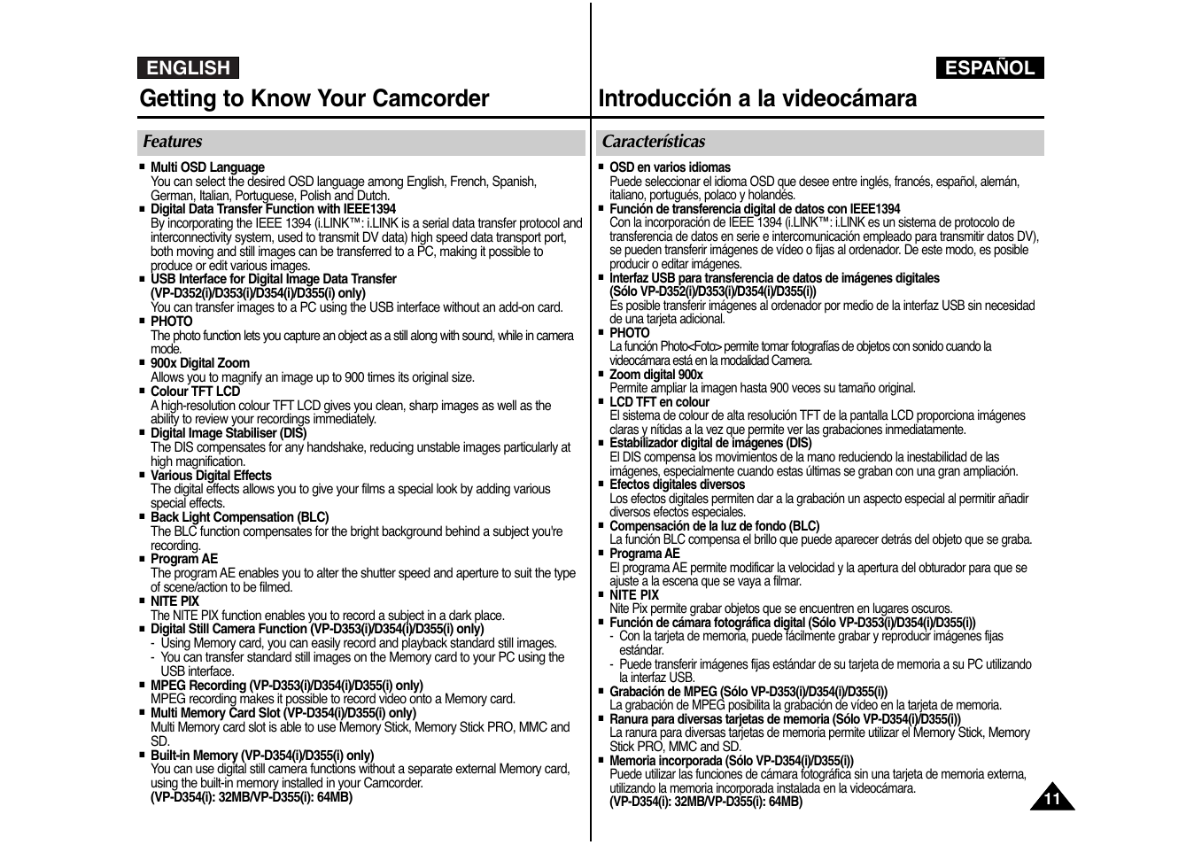 English español, Features, Características | Samsung AD68-00839J User Manual | Page 12 / 122