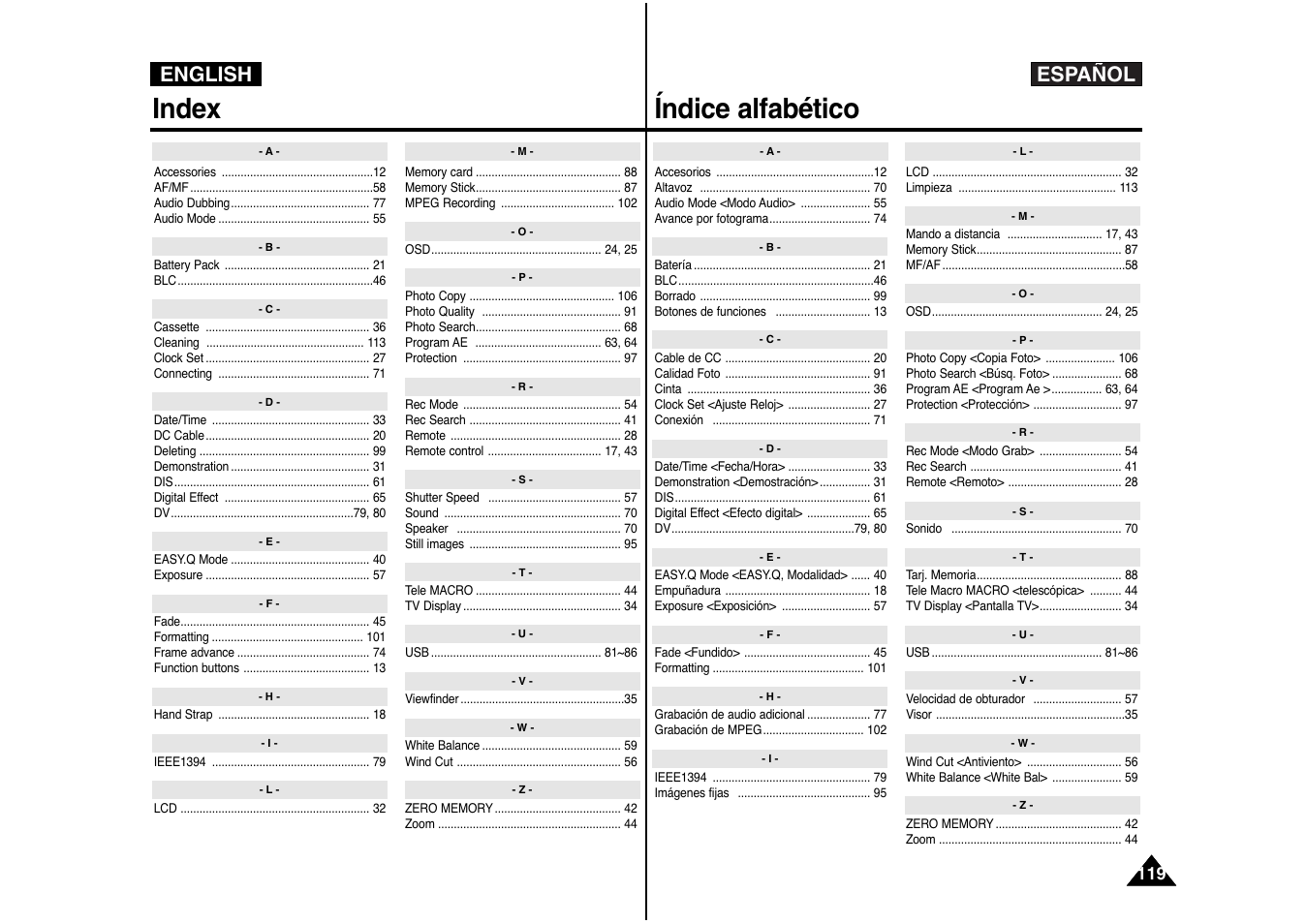 Index índice alfabético, Español english | Samsung AD68-00839J User Manual | Page 120 / 122