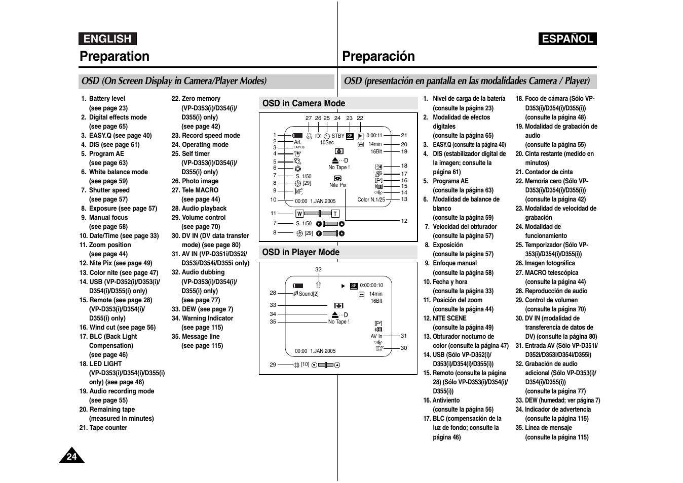 Preparation, Preparación, English español | Osd (on screen display in camera/player modes), Osd in player mode, Osd in camera mode | Samsung AD68-00839J User Manual | Page 25 / 122