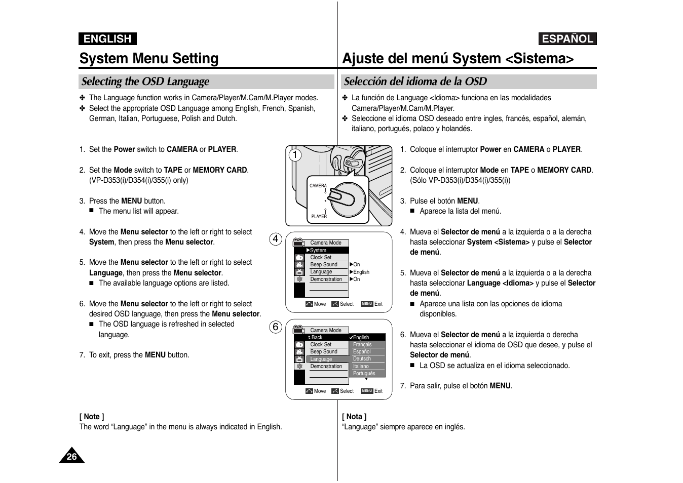 System menu setting, Ajuste del menú system <sistema, Español english | Selecting the osd language, Selección del idioma de la osd | Samsung AD68-00839J User Manual | Page 27 / 122