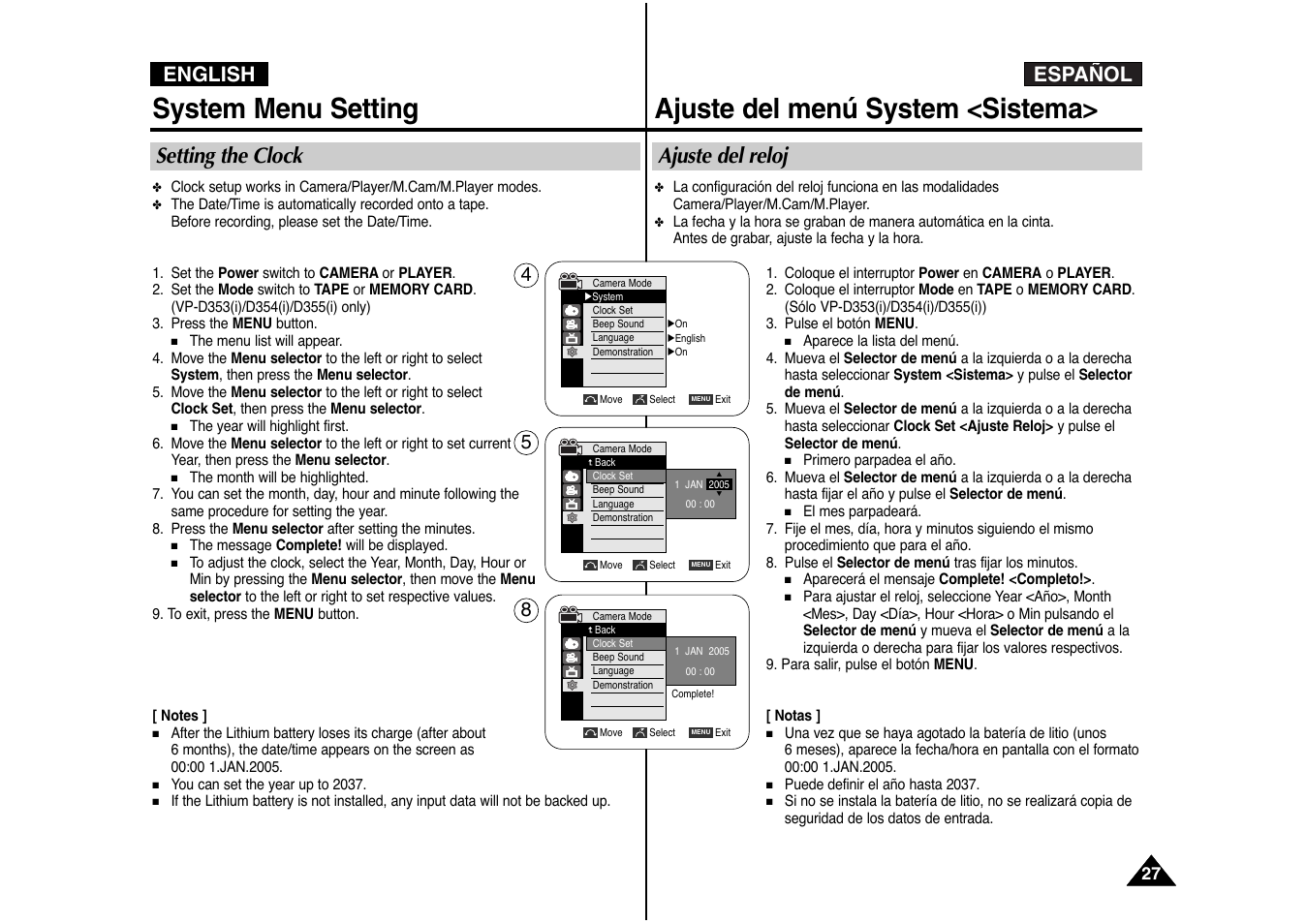 System menu setting, Ajuste del menú system <sistema, Español english | Setting the clock, Ajuste del reloj | Samsung AD68-00839J User Manual | Page 28 / 122