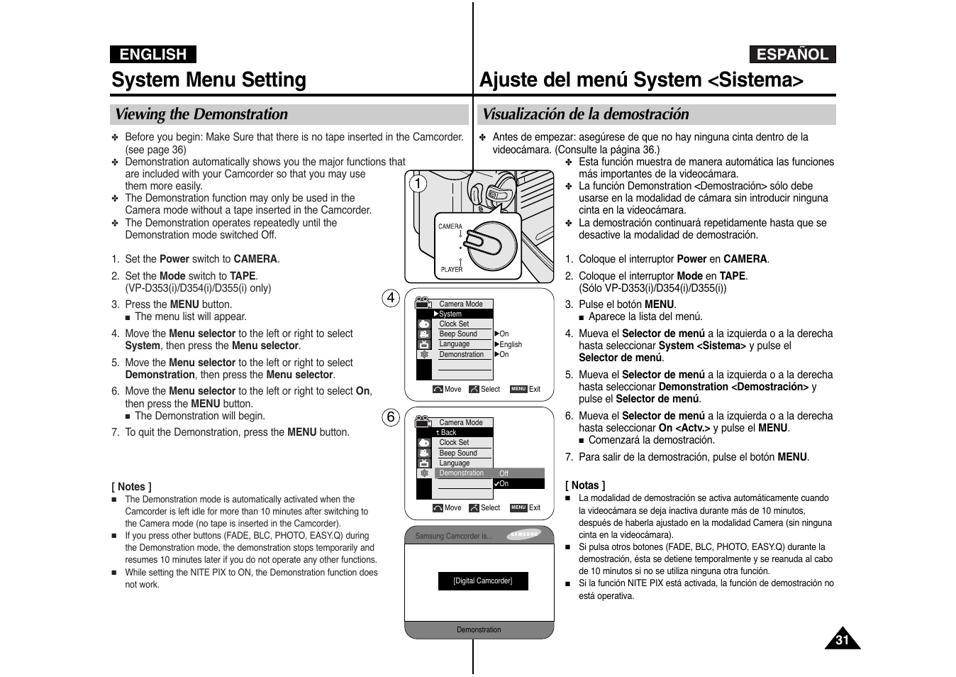 System menu setting, Ajuste del menú system <sistema, Español english | Viewing the demonstration, Visualización de la demostración | Samsung AD68-00839J User Manual | Page 32 / 122