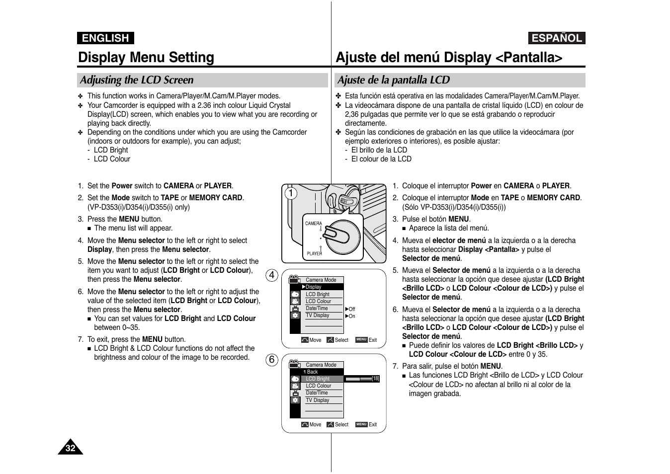 Display menu setting, Ajuste del menú display <pantalla, Español | English, Adjusting the lcd screen, Ajuste de la pantalla lcd | Samsung AD68-00839J User Manual | Page 33 / 122