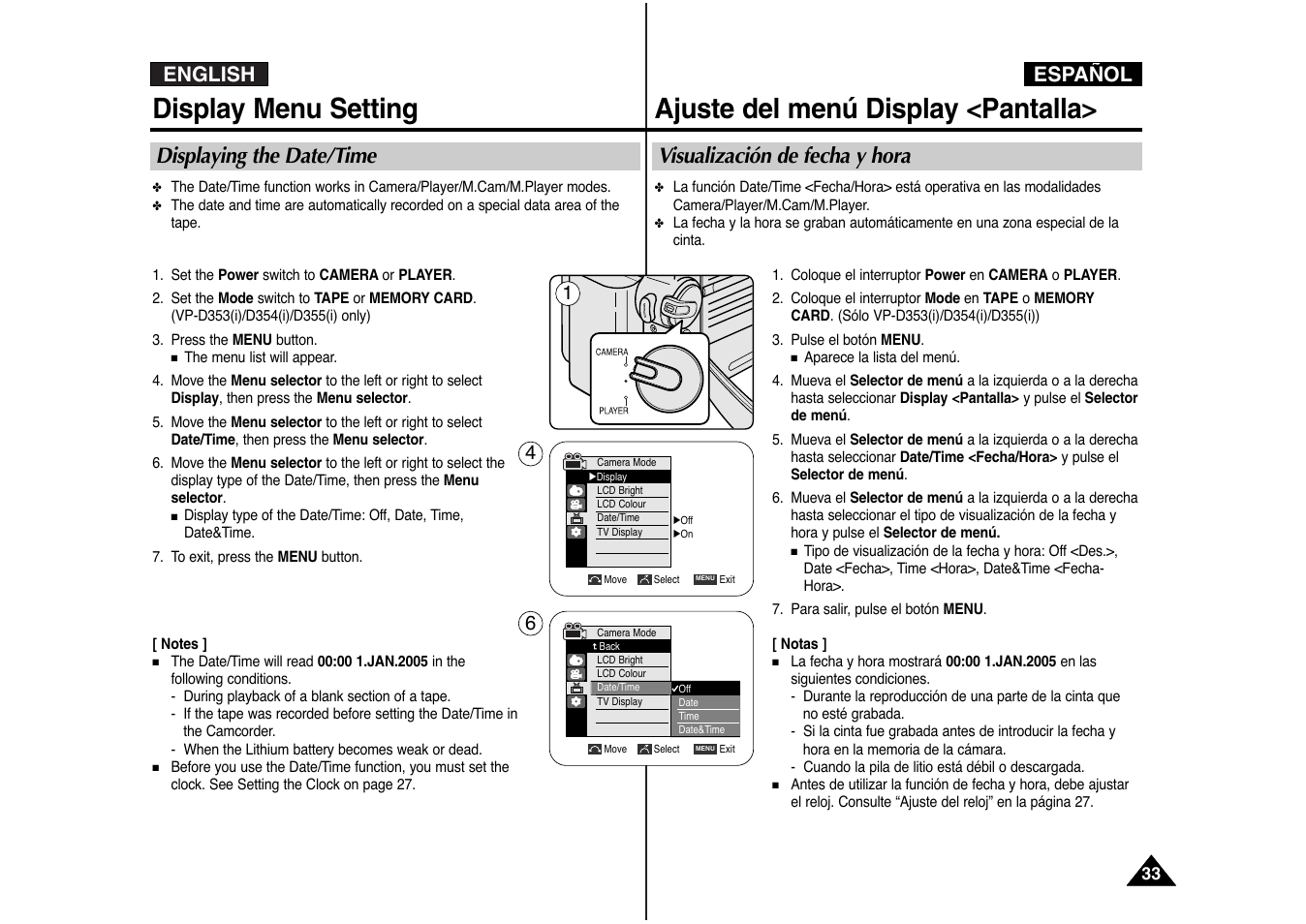 Display menu setting, Ajuste del menú display <pantalla, English | Español, Displaying the date/time, Visualización de fecha y hora | Samsung AD68-00839J User Manual | Page 34 / 122