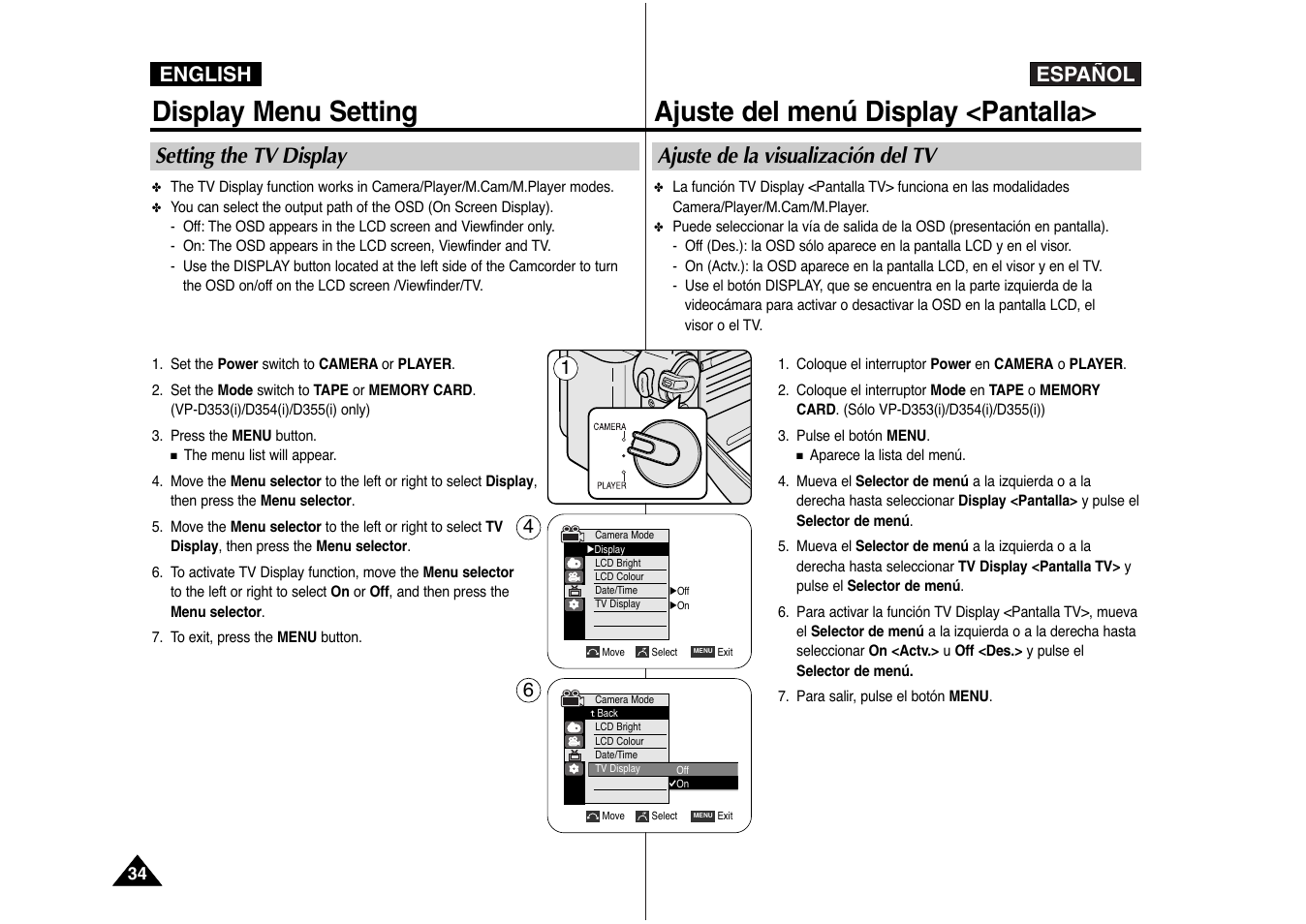 Display menu setting, Ajuste del menú display <pantalla, Español | English, Setting the tv display, Ajuste de la visualización del tv | Samsung AD68-00839J User Manual | Page 35 / 122