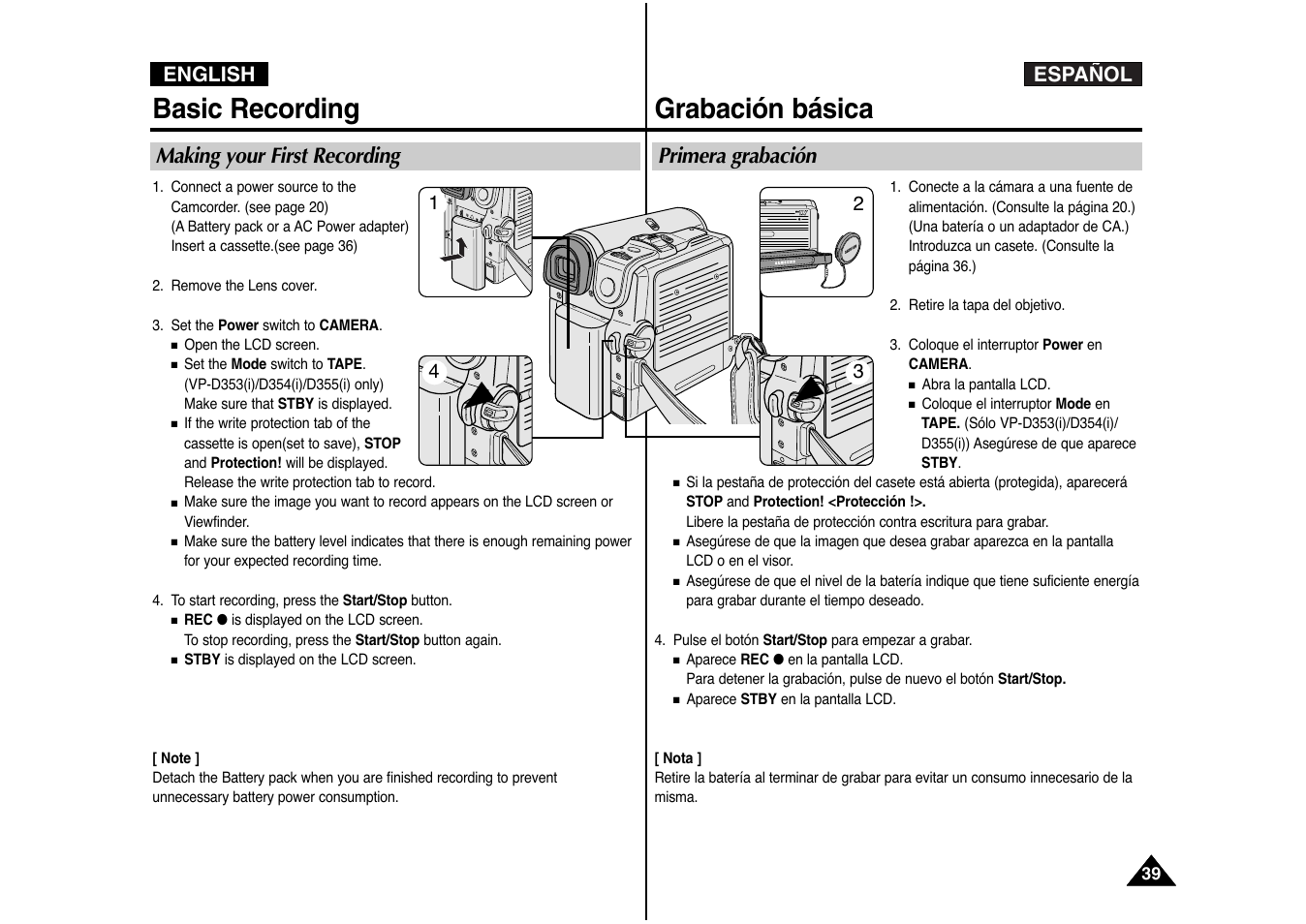 Basic recording, Grabación básica, Español english | Making your first recording, Primera grabación | Samsung AD68-00839J User Manual | Page 40 / 122