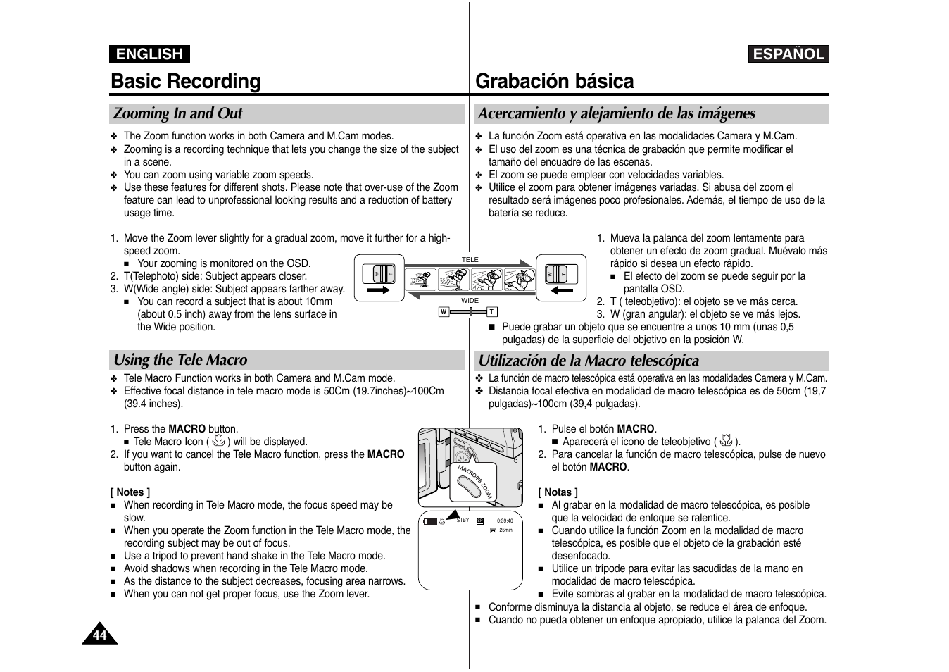 Basic recording, Grabación básica, Español | English, Zooming in and out using the tele macro | Samsung AD68-00839J User Manual | Page 45 / 122