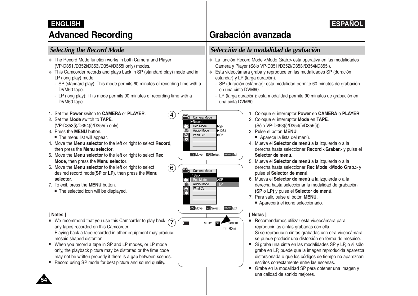 Advanced recording, Grabación avanzada, Español | English, Selecting the record mode, Selección de la modalidad de grabación | Samsung AD68-00839J User Manual | Page 55 / 122