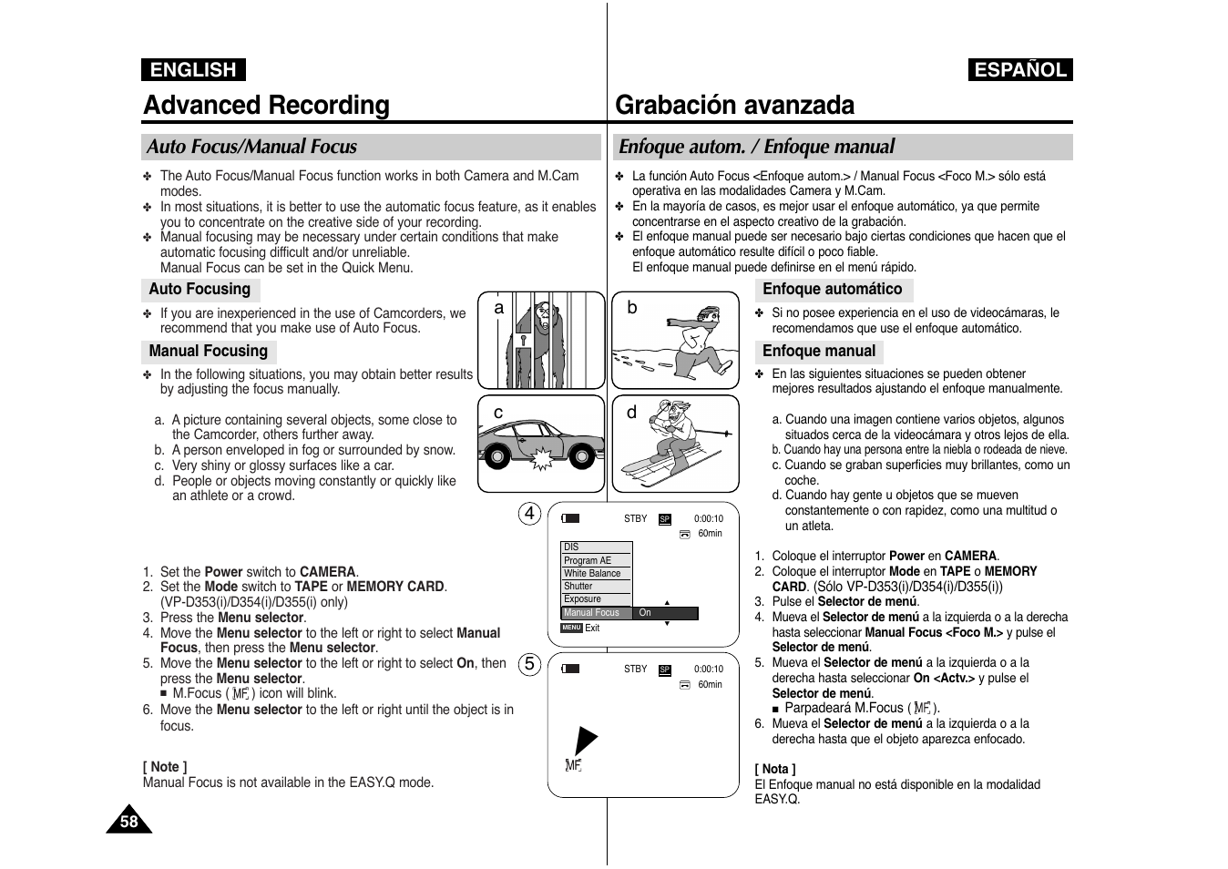 Advanced recording, Grabación avanzada, English español | Auto focus/manual focus, Enfoque autom. / enfoque manual, Ac b d | Samsung AD68-00839J User Manual | Page 59 / 122
