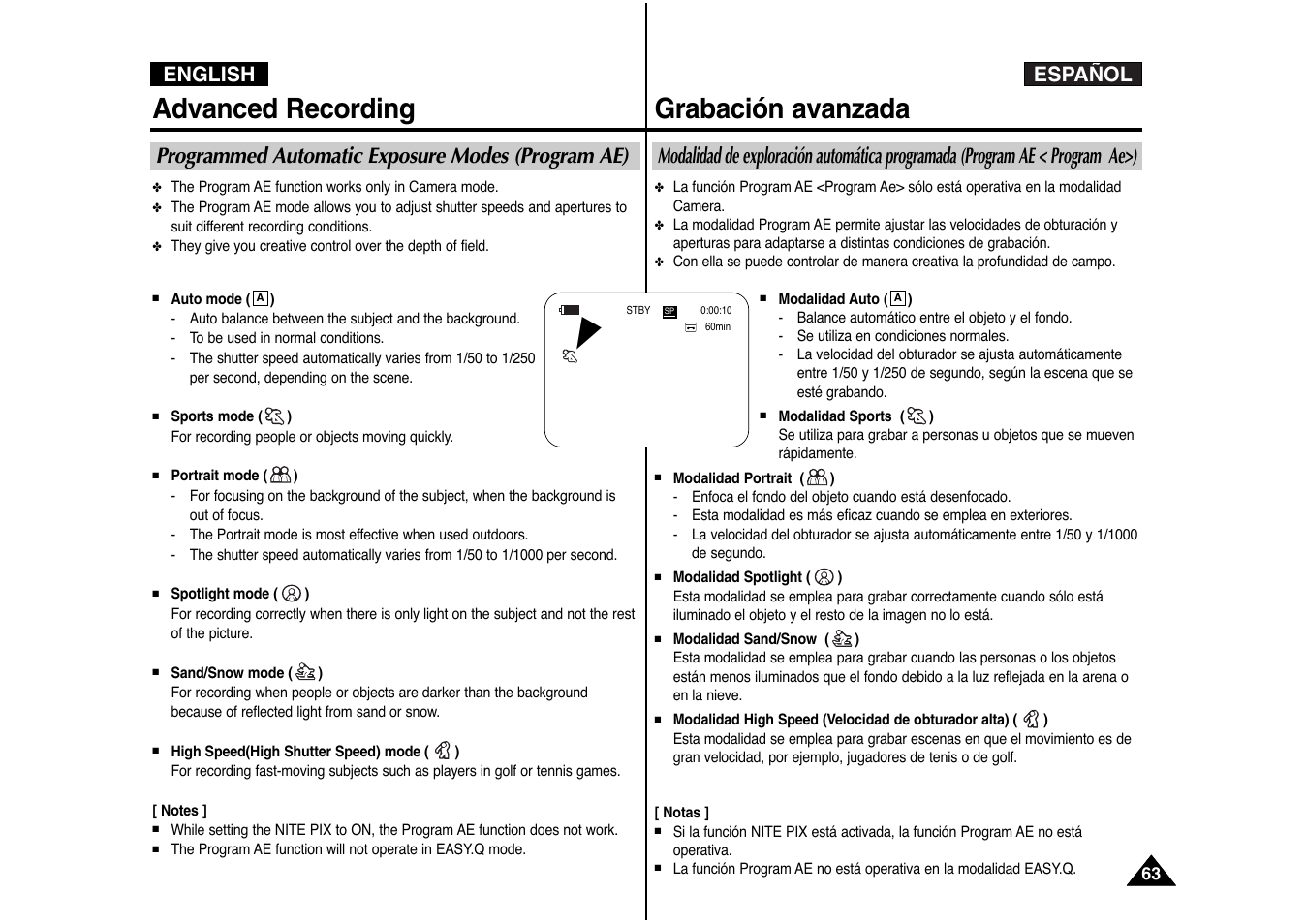 Advanced recording, Grabación avanzada, Español english | Programmed automatic exposure modes (program ae) | Samsung AD68-00839J User Manual | Page 64 / 122