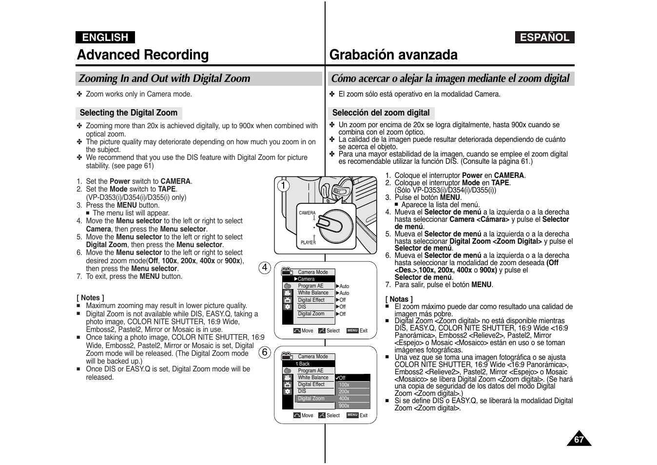 Advanced recording, Grabación avanzada, Español english | Zooming in and out with digital zoom | Samsung AD68-00839J User Manual | Page 68 / 122