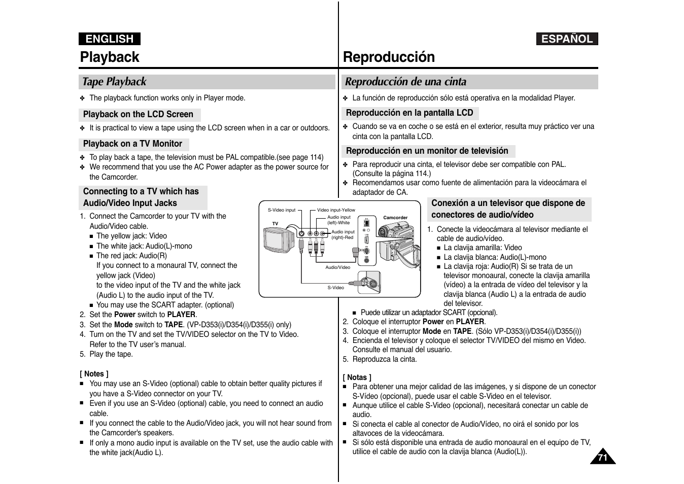 Playback, Reproducción, Español english | Tape playback, Reproducción de una cinta | Samsung AD68-00839J User Manual | Page 72 / 122
