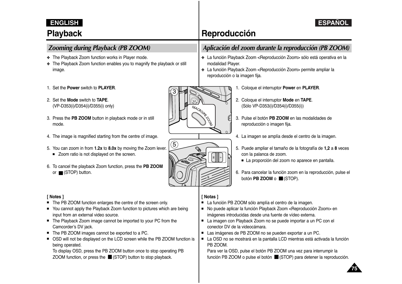 Playback, Reproducción, Español english | Zooming during playback (pb zoom) | Samsung AD68-00839J User Manual | Page 76 / 122
