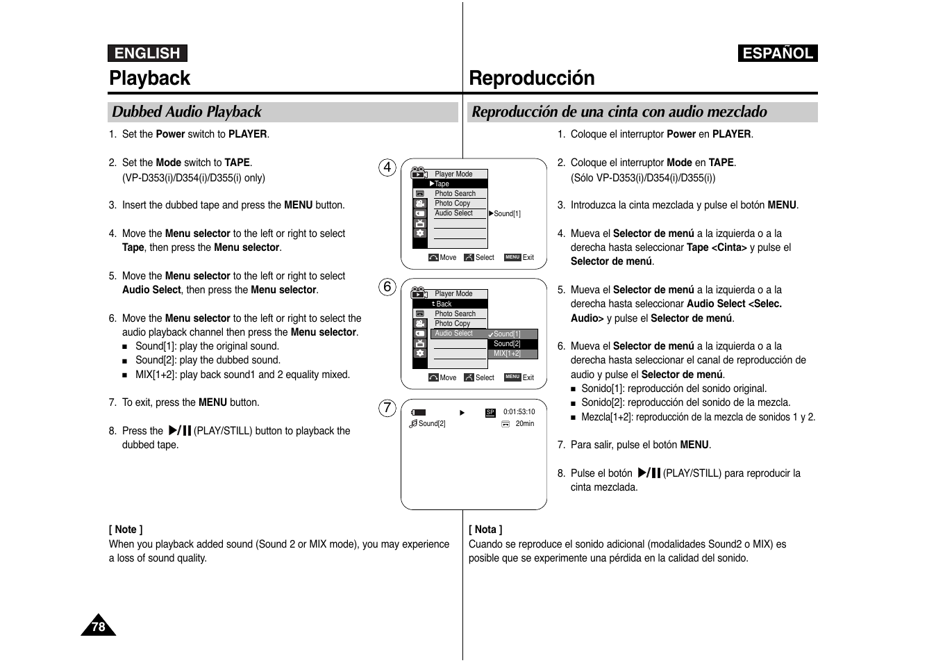 Playback, Reproducción, English español | Dubbed audio playback, Reproducción de una cinta con audio mezclado | Samsung AD68-00839J User Manual | Page 79 / 122