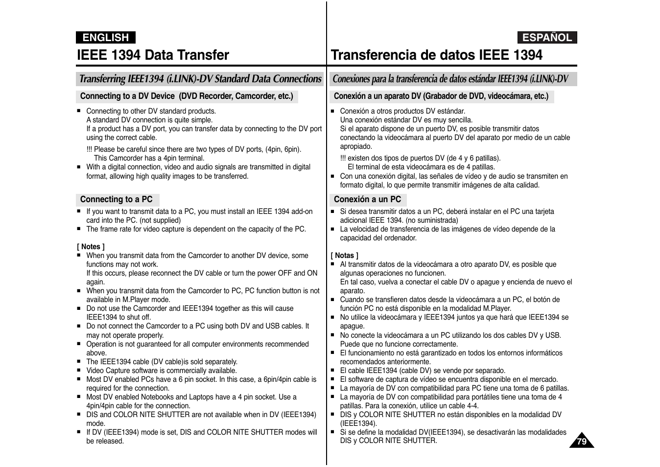 Ieee 1394 data transfer, Transferencia de datos ieee 1394, Español english | Samsung AD68-00839J User Manual | Page 80 / 122