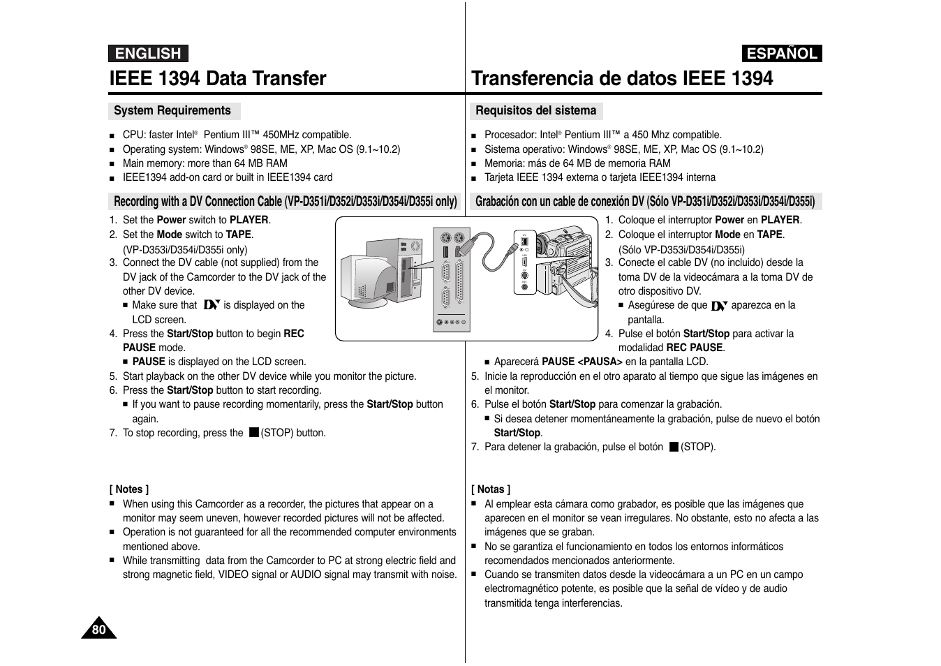 Ieee 1394 data transfer, Transferencia de datos ieee 1394, English español | Dv usb av mic | Samsung AD68-00839J User Manual | Page 81 / 122