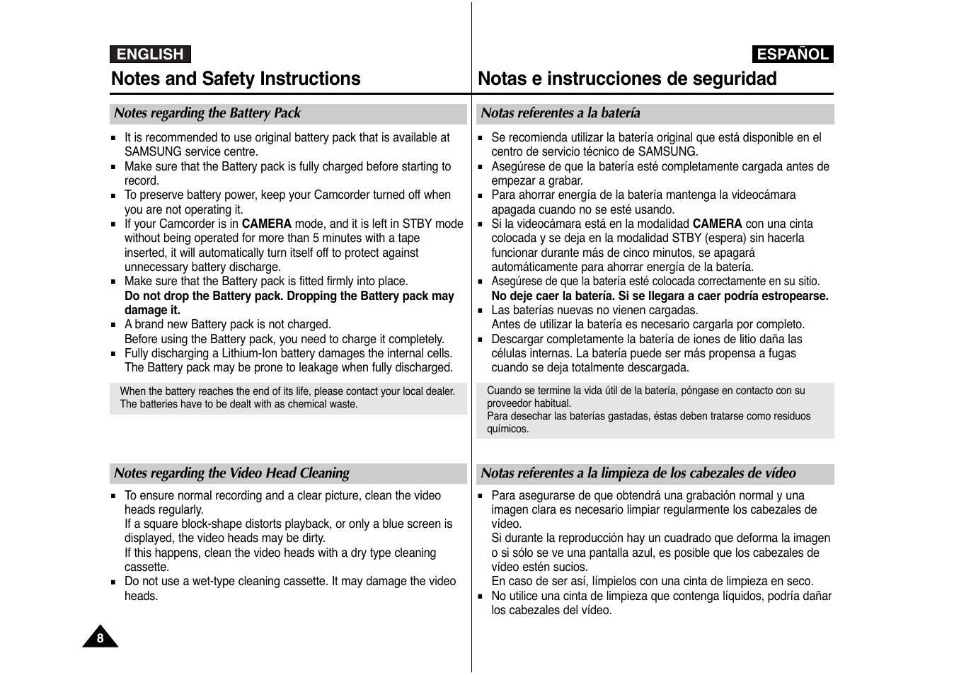 English español, Notas referentes a la batería | Samsung AD68-00839J User Manual | Page 9 / 122