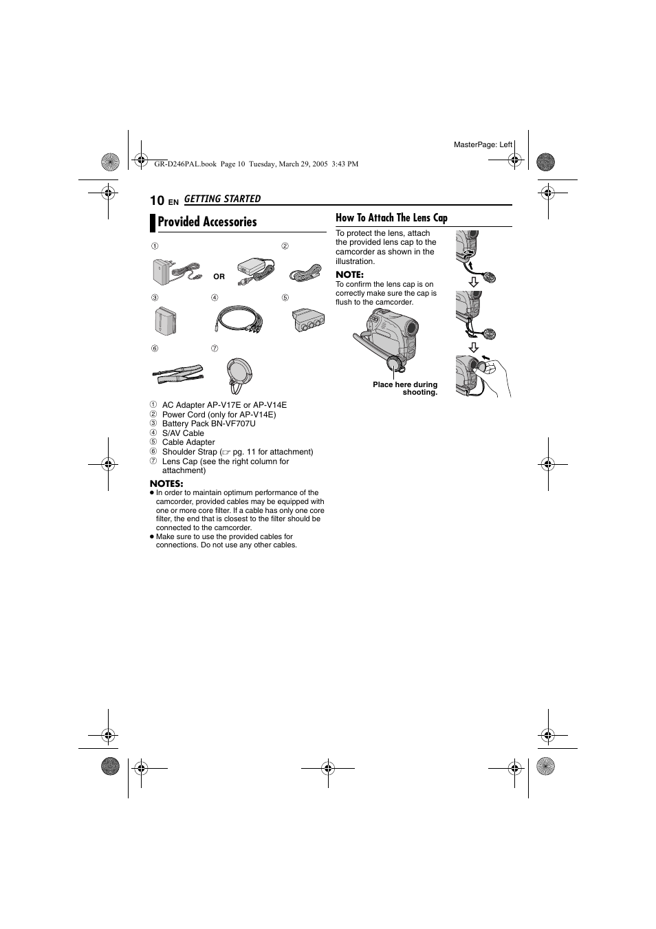 Provided accessories, How to attach the lens cap | JVC GR-D246 User Manual | Page 10 / 48