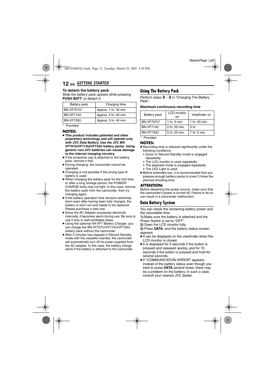 Using the battery pack, Data battery system, Utton | Pg. 12), Getting started | JVC GR-D246 User Manual | Page 12 / 48