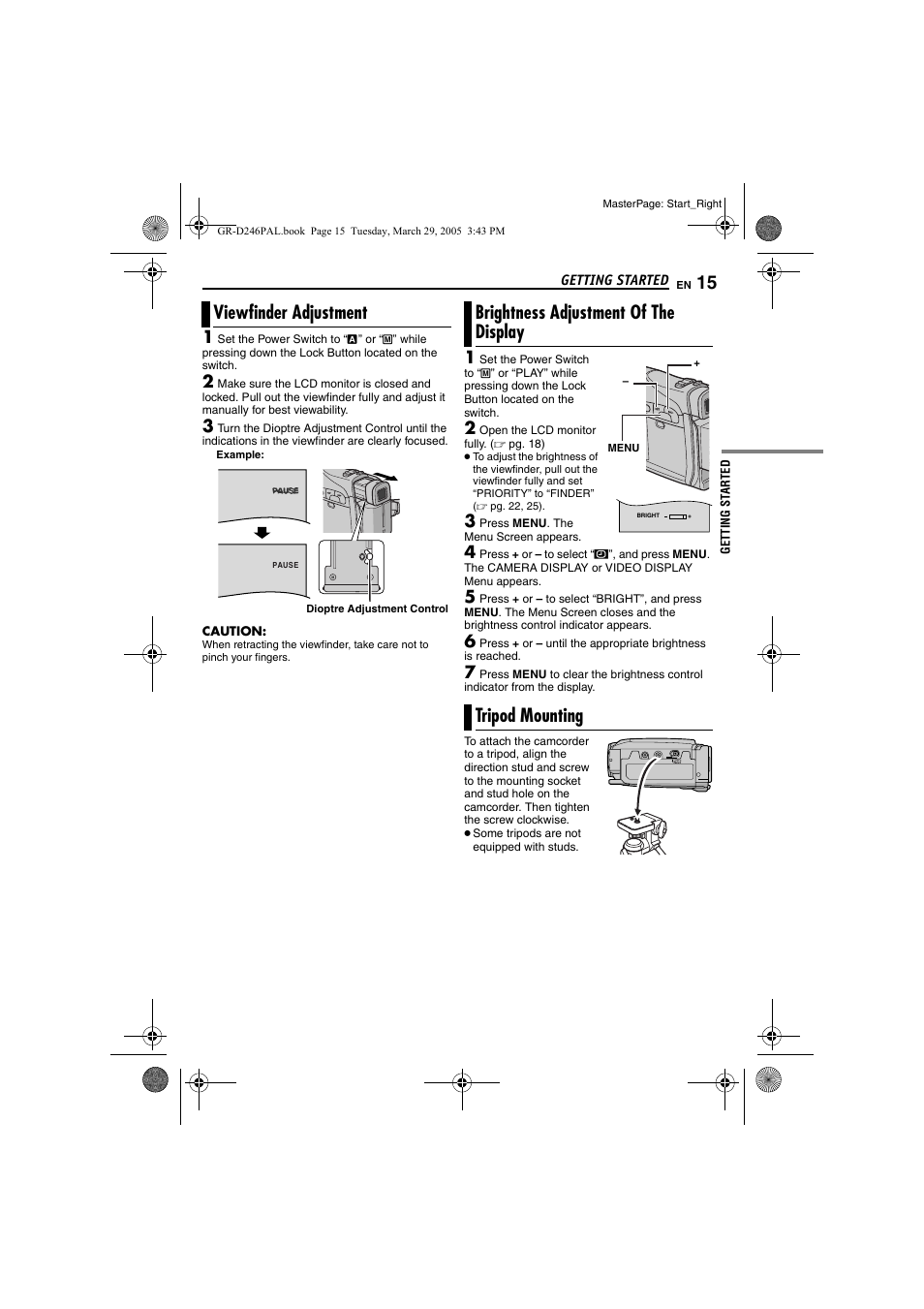 Viewfinder adjustment, Brightness adjustment of the display, Tripod mounting | 15 brightness adjustment of the display, 15 tripod mounting, Pg. 15) | JVC GR-D246 User Manual | Page 15 / 48