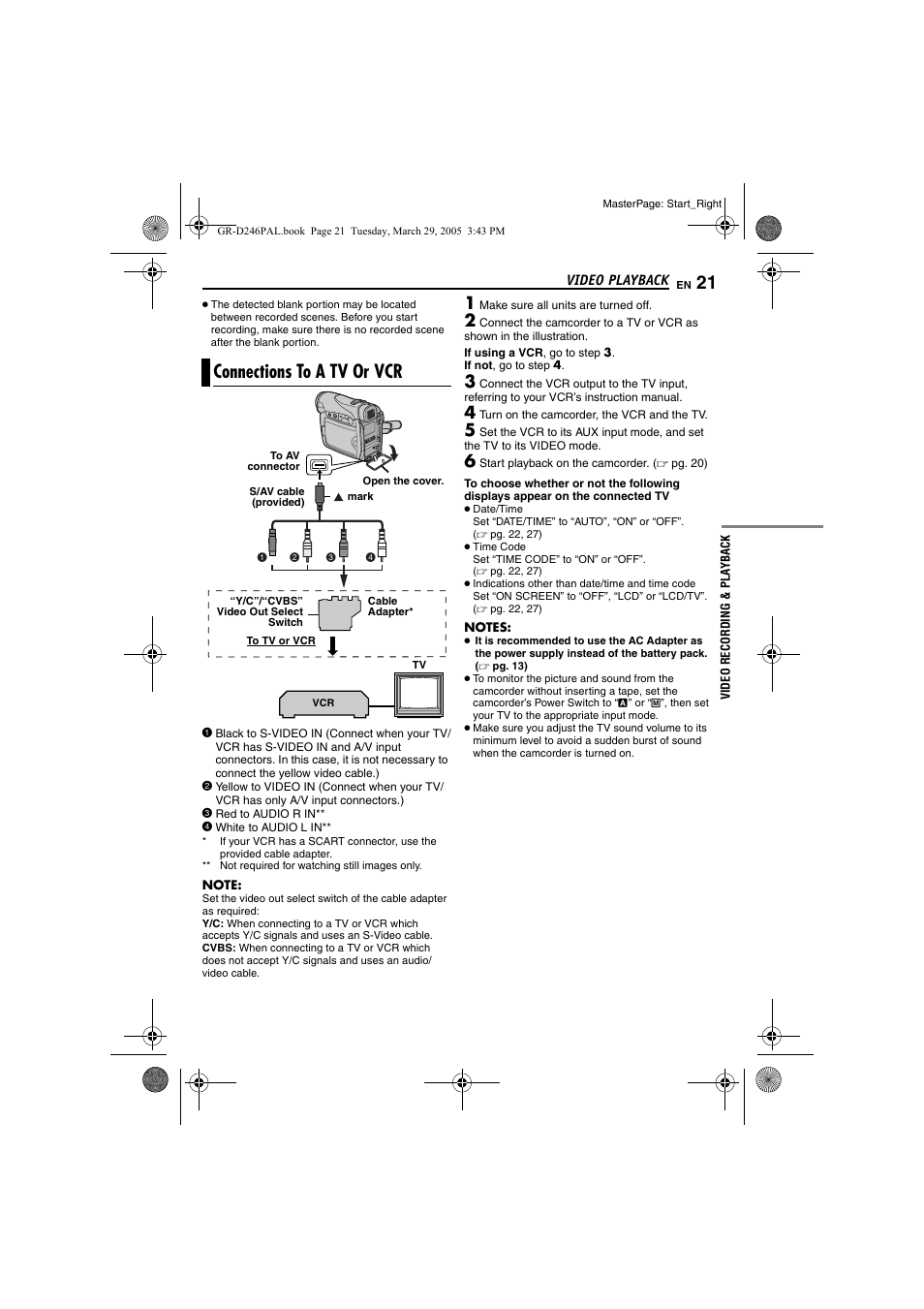 Connections to a tv or vcr, Pg. 21, Pg. 21) | JVC GR-D246 User Manual | Page 21 / 48