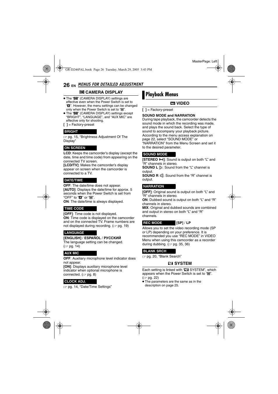 Playback menus, Pg. 26), Pg. 26, “aux mic” ) | Pg. 26, 2, R (੬ pg. 26), Time, Pg. 26, Pg. 26, 27, Video | JVC GR-D246 User Manual | Page 26 / 48