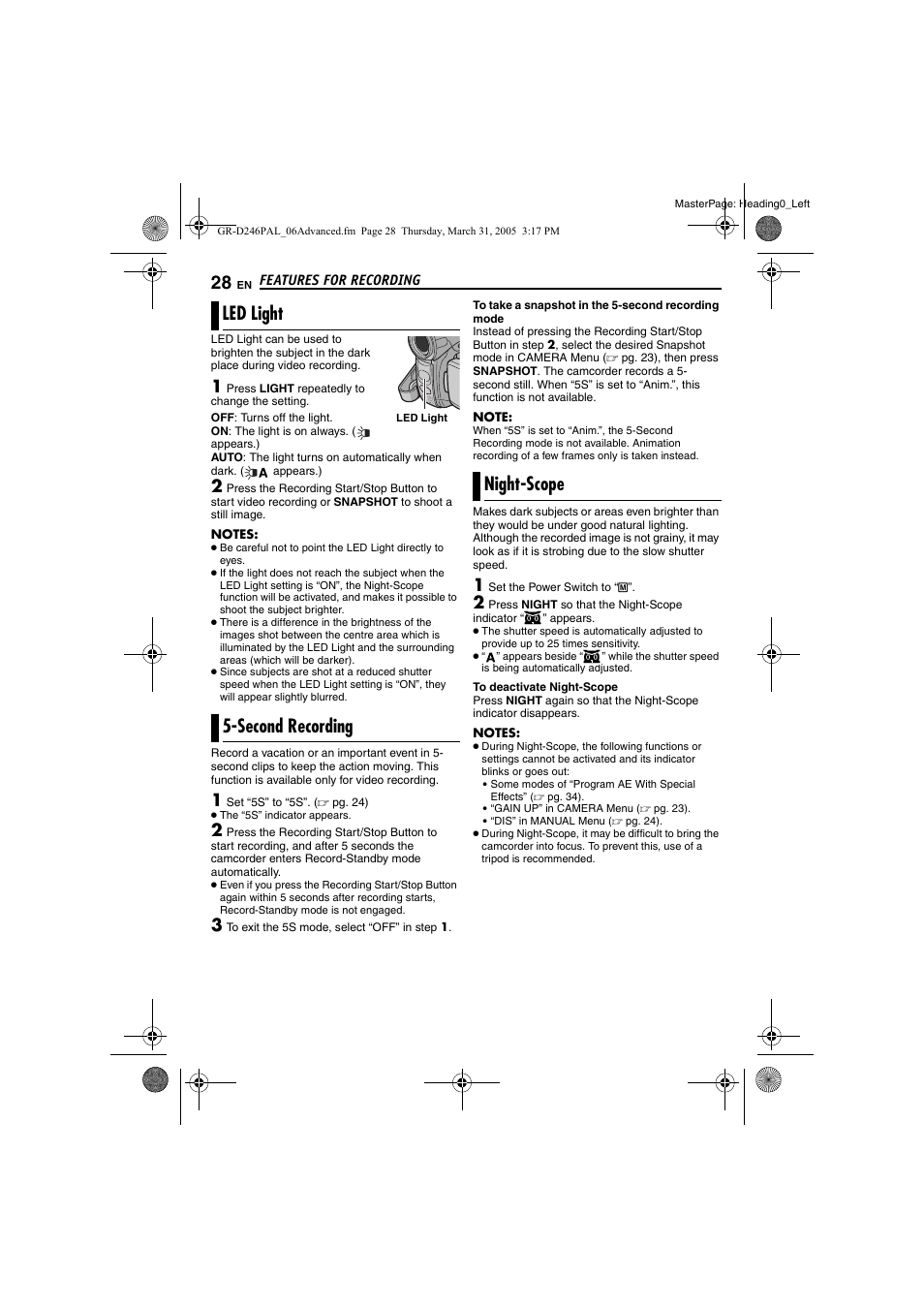 Features for recording, Led light, Second recording | Night-scope, He led light, Pg. 28), 28 5-second recording, 28 night-scope, Led light 5-second recording | JVC GR-D246 User Manual | Page 28 / 48