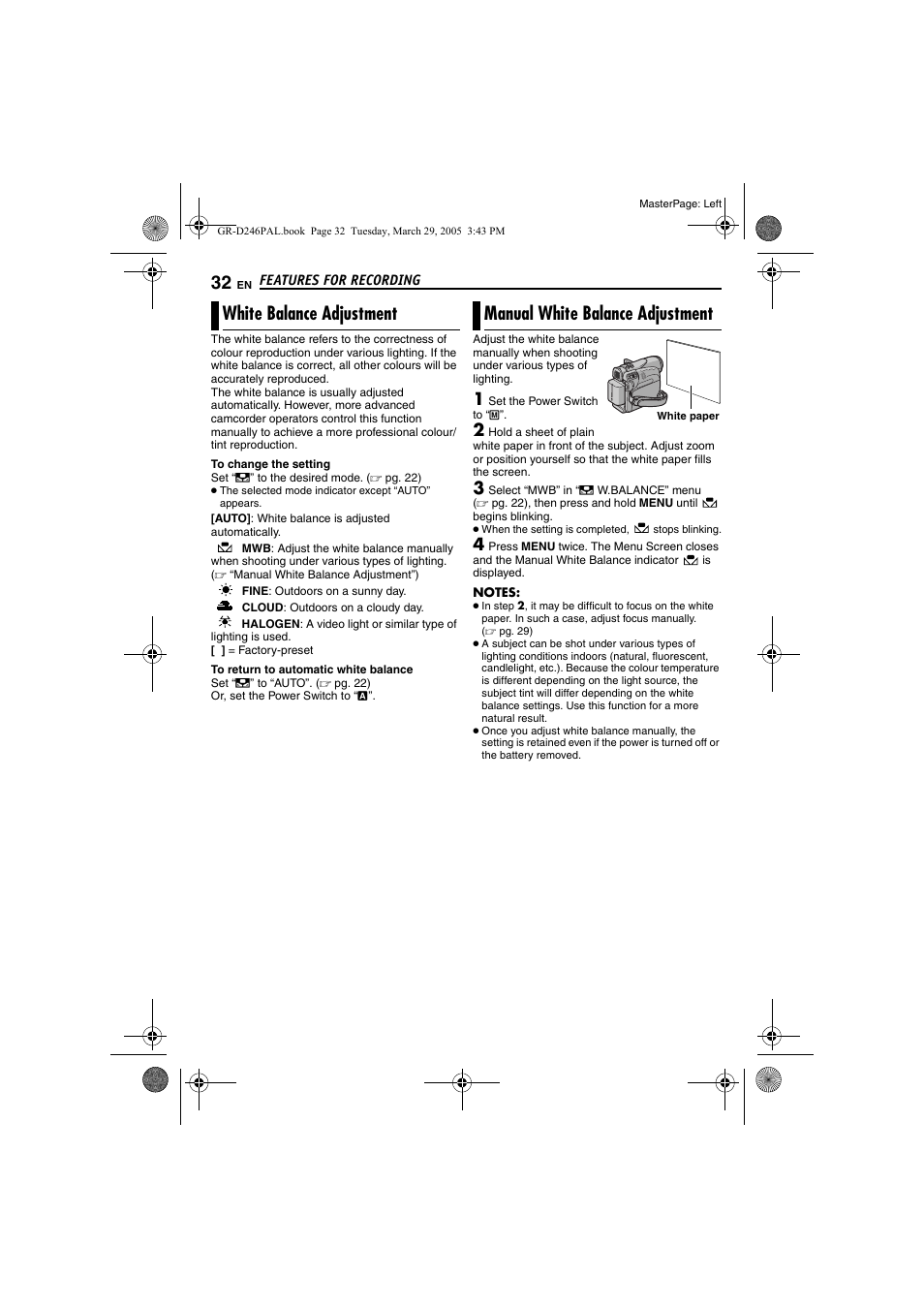 White balance adjustment, Manual white balance adjustment, 32 manual white balance adjustment | Pg. 32) | JVC GR-D246 User Manual | Page 32 / 48