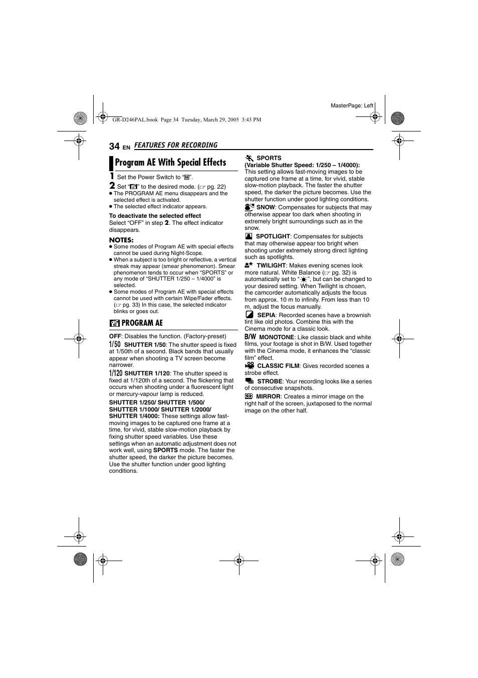 Program ae with special effects, Program ae, Motion | Pg. 34), Pg. 34) i | JVC GR-D246 User Manual | Page 34 / 48