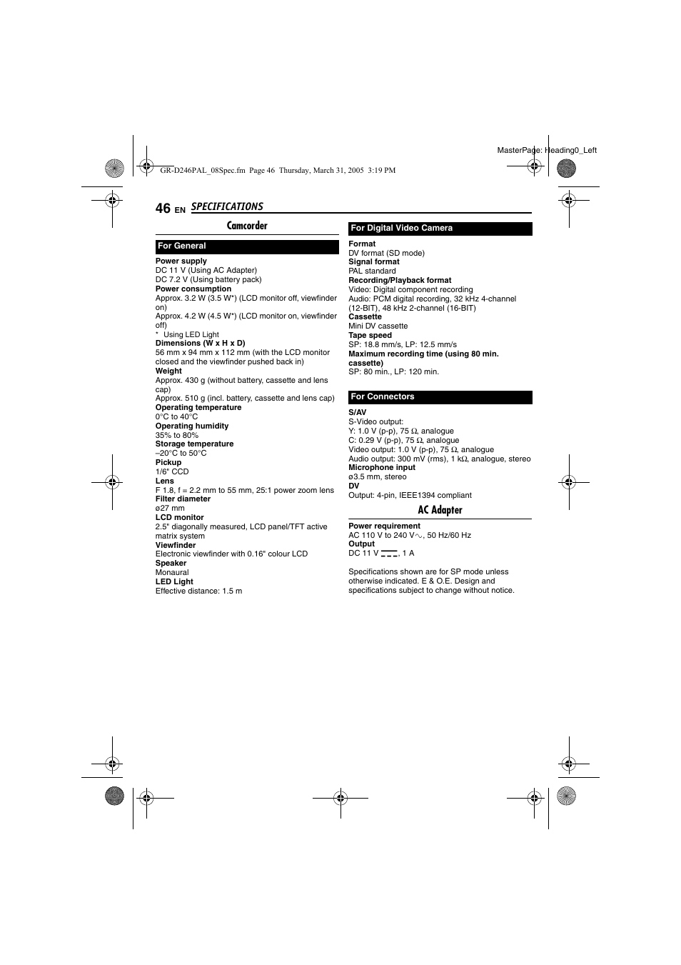 Specifications, Camcorder, Ac adapter | JVC GR-D246 User Manual | Page 46 / 48