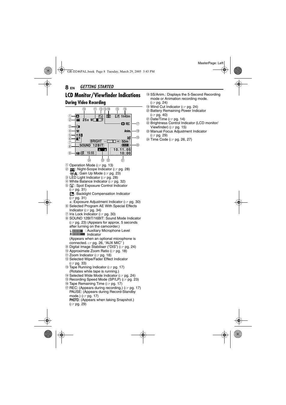 Lcd monitor/viewfinder indications, During video recording | JVC GR-D246 User Manual | Page 8 / 48