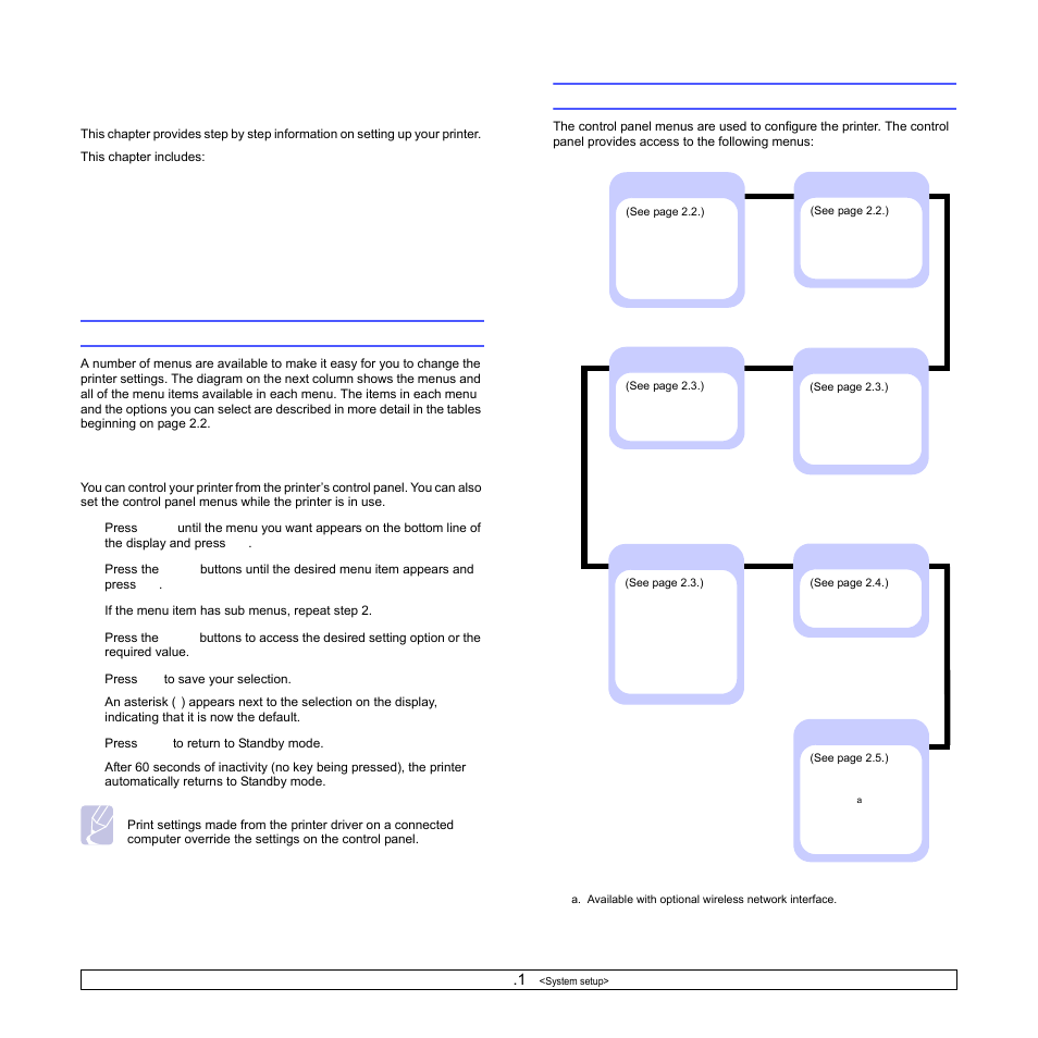 System setup, Using control panel menus, Accessing control panel menus | Menu overview, Using control panel menus menu overview | Samsung ML-3470D User Manual | Page 16 / 103
