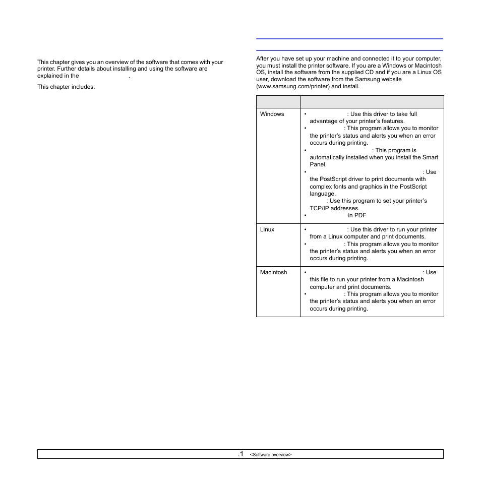 Software overview, Supplied software | Samsung ML-3470D User Manual | Page 22 / 103