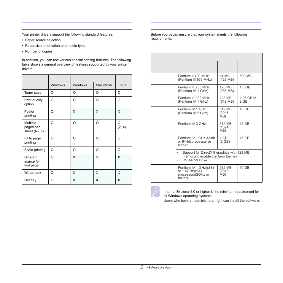 Printer driver features, System requirements, Printer driver features system requirements | Samsung ML-3470D User Manual | Page 23 / 103