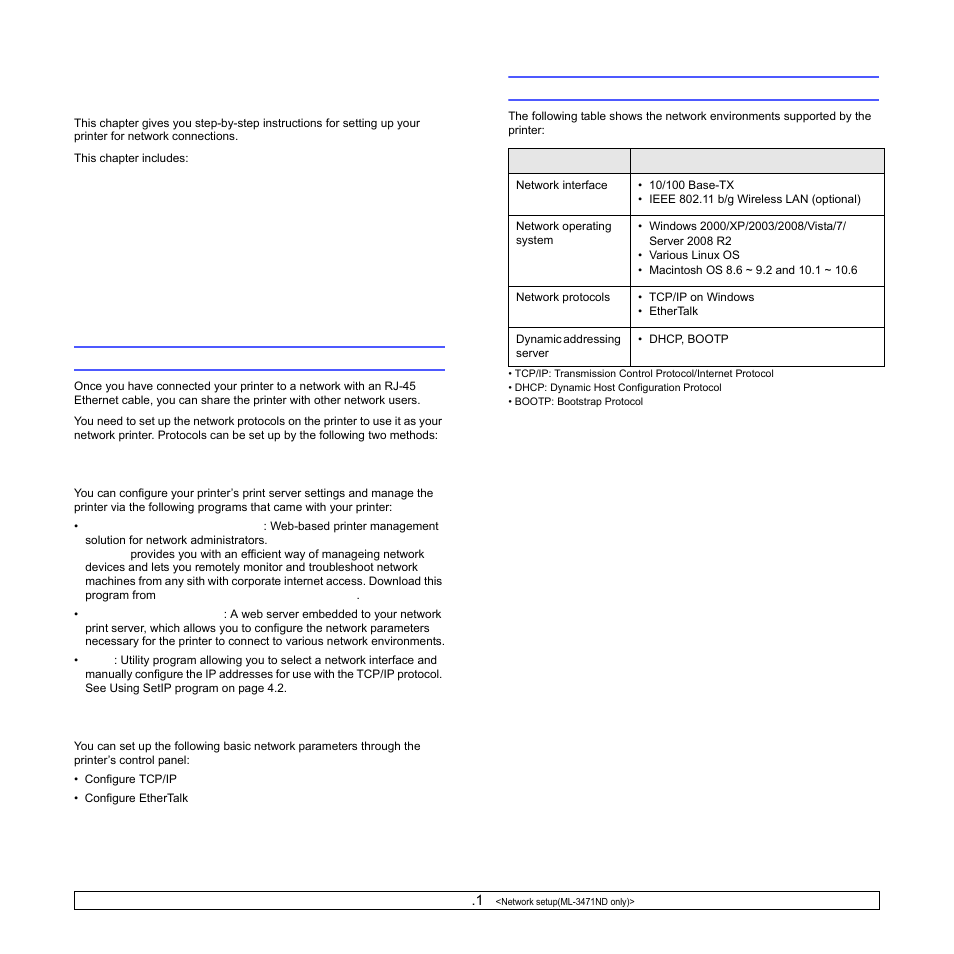 Network setup(ml-3471nd only), Introduction, Via network administration programs | Via the control panel, Supported operating systems, Introduction supported operating systems, Network setup, Ml-3471nd only) | Samsung ML-3470D User Manual | Page 25 / 103