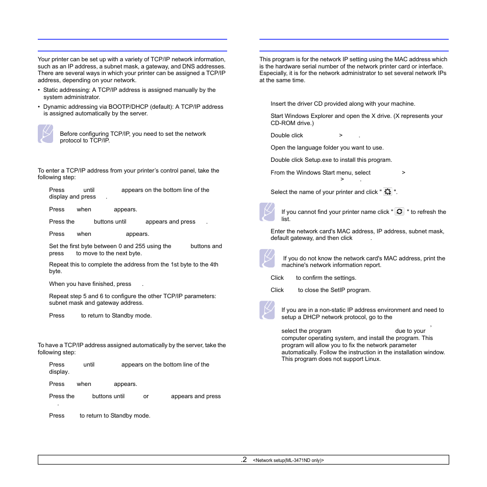 Configuring tcp/ip, Static addressing, Dynamic addressing (bootp/dhcp) | Using setip program, Configuring tcp/ip using setip program | Samsung ML-3470D User Manual | Page 26 / 103