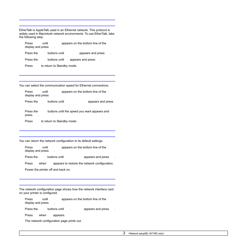 Configuring ethertalk, Setting ethernet speed, Restoring the network configuration | Printing a network configuration page | Samsung ML-3470D User Manual | Page 27 / 103
