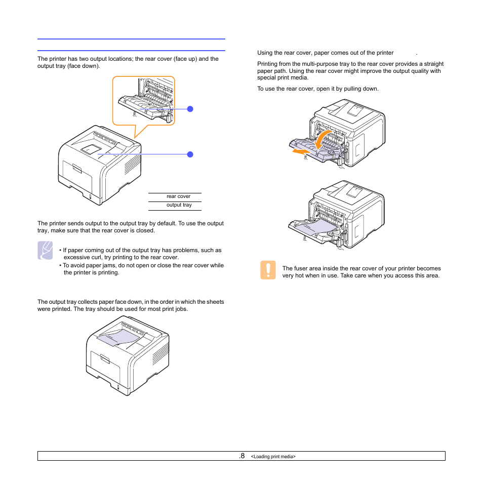 Selecting an output location, Printing to the output tray (face down), Printing to the rear cover (face up) | Printing to the output tray, Printing to the rear cover | Samsung ML-3470D User Manual | Page 35 / 103