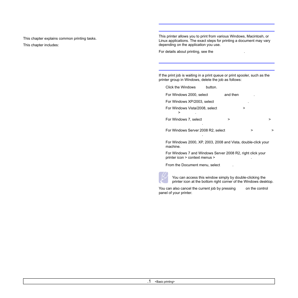 Basic printing, Printing a document, Canceling a print job | Printing a document canceling a print job | Samsung ML-3470D User Manual | Page 36 / 103