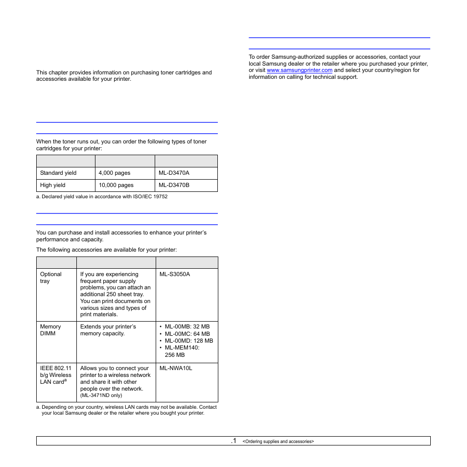 Ordering supplies and accessories, Toner cartridges, Accessories | How to purchase, Toner cartridges accessories how to purchase | Samsung ML-3470D User Manual | Page 37 / 103