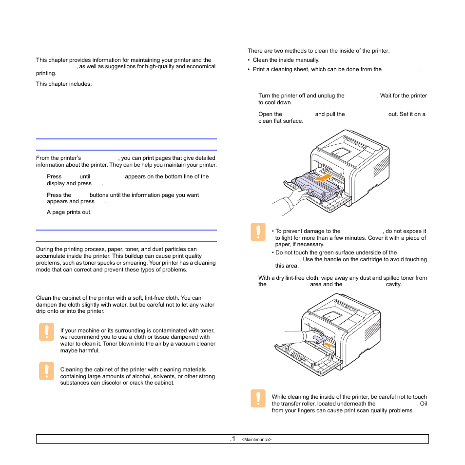 Maintenance, Cleaning the printer, Cleaning the outside of the printer | Cleaning the inside of the printer, Printing information page | Samsung ML-3470D User Manual | Page 38 / 103